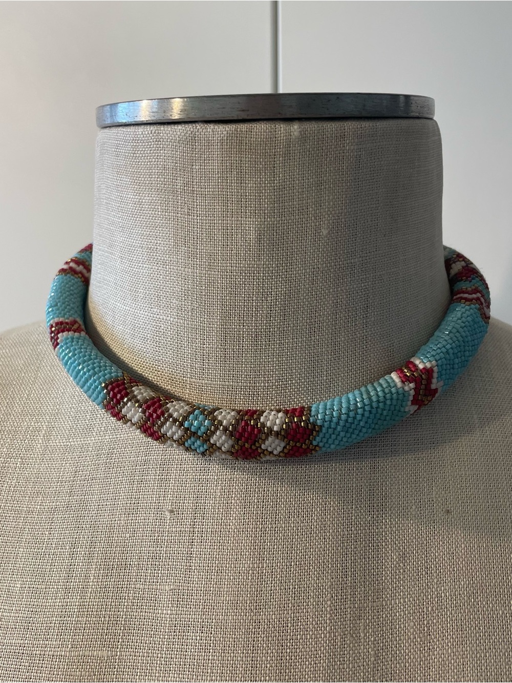 Handcrafted Turquoise & Red Beaded Choker Necklace
